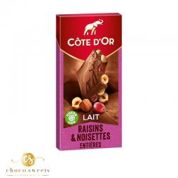 COTE D'or  lait raisins noisettes entiéres 180g